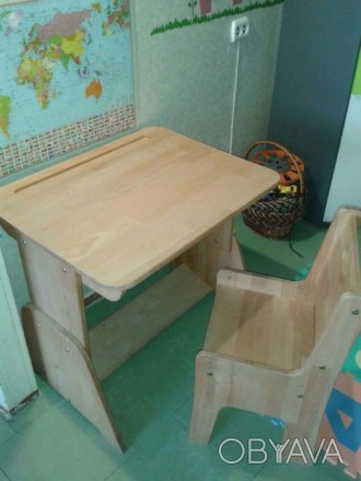 Продам столик-парта + стульчик "растущие", натуральное дерево (розовый бук). Сос. . фото 1