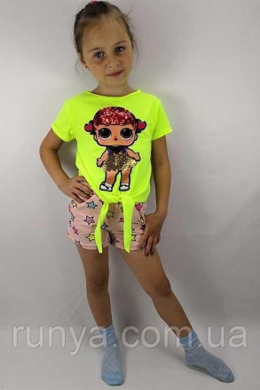 Красочный детский летний костюм на девочку футболка фосфорная и шорты "Лола". В . . фото 4