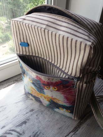 Оригинальный рюкзак Hand Made, с карманом на молнии принтованым фотографией коти. . фото 4