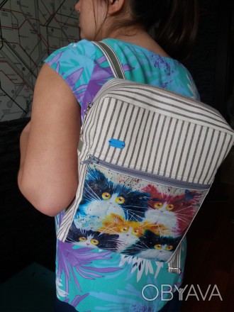 Оригинальный рюкзак Hand Made, с карманом на молнии принтованым фотографией коти. . фото 1