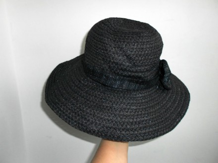 Женская плотная черная шляпа панама с широкими полями и декоративным бантом. Сос. . фото 6