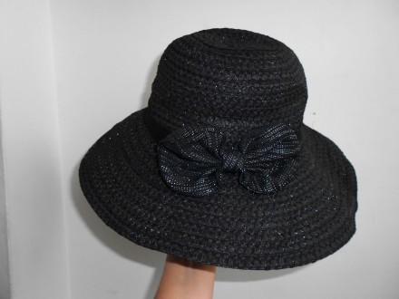 Женская плотная черная шляпа панама с широкими полями и декоративным бантом. Сос. . фото 5