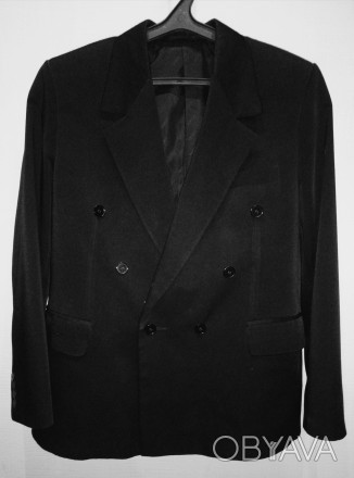 Пиджак черный двубортный, плечи 44 см, грудь 106 см, рукав 62 см, спина 73. . фото 1