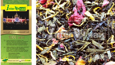 Смесь зеленого и черного чая. Содержит лепестки подсолнуха, индийской розы, лепе. . фото 1