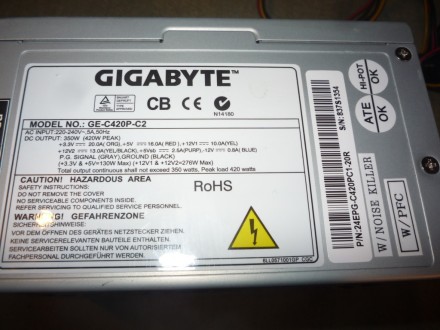 Мощный блок 420W GIGABYTE GE-C420P-C2, 6pin PCIe, 3xSATA, РFC, тихий 12см
Качес. . фото 3