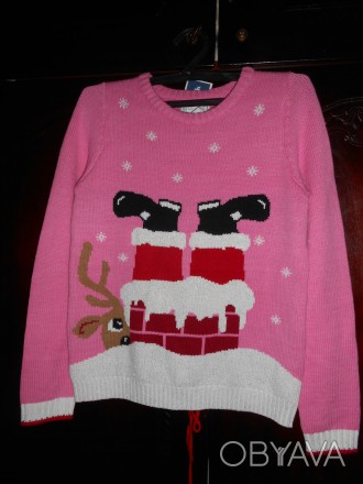 Розовый свитер с рисунком на 13-14 лет,рост 164 см.,хлопок+акрил
новый с биркам. . фото 1