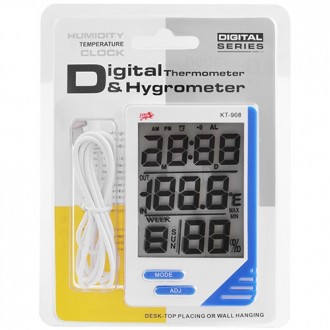 Термометр электронный с гигрометром, часами, будильником, календарём и выносным . . фото 3