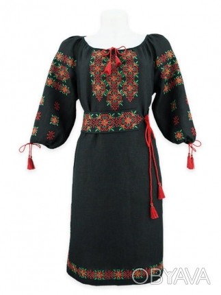 Черная женская вышиванка-платье с длинным рукавом и игривым узором.
Материал: Л. . фото 1