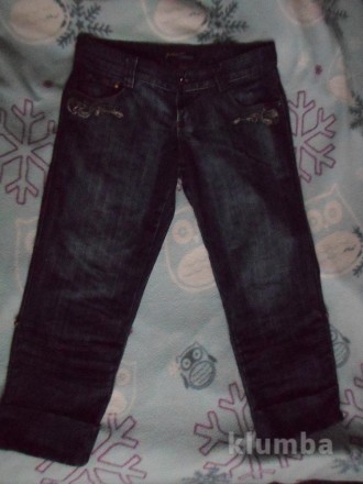 Капри джинсовые темно-синие потертые. ПОТ 38 см., ПОБ 52 см., длина по боковому . . фото 5