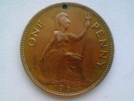 Монета 1 пенни 1964 год, Великобритания. Есть недостаток готовности возле края. . фото 2