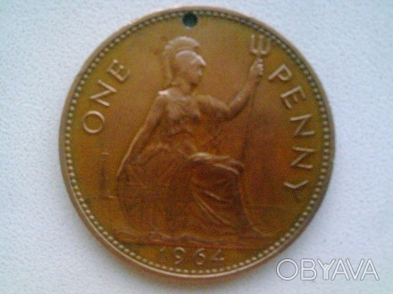 Монета 1 пенни 1964 год, Великобритания. Есть недостаток готовности возле края. . фото 1