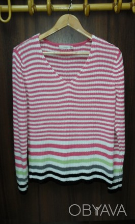 Пуловер женский из мягкой пряжи. Размер 50, в разноцветную полоску, у-образный в. . фото 1