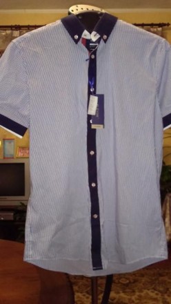 Сорочка летняя мужская 48-50 р-р. в светло-синюю тонкую вертикальную полоску.. . фото 2