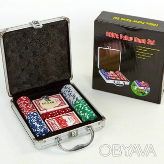 Набор для покера в алюминиевом кейсе  на 100 фишек без номинала ( 2 колоды карт,. . фото 1