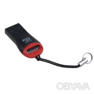 Миниатюрный кардридер для карт памяти Micro SD со шнурком, цвет: красный с черны. . фото 1