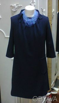 Платье трикотажное синего цвета. Ткань французский трикотаж. Форма кроя трапеция. . фото 3