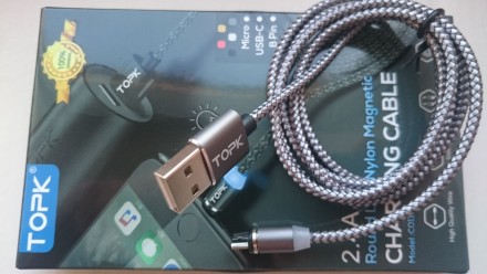 Круглый Магнитный кабель "TOPK"с подсветкой в нейлоновой оплетке. Микро USB разъ. . фото 2