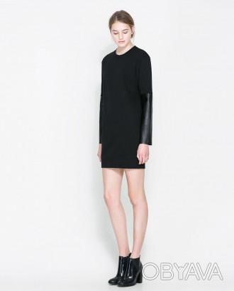 продам черное платье тунику Zara с рукавами из искусственной кожи 
размер S, ид. . фото 1
