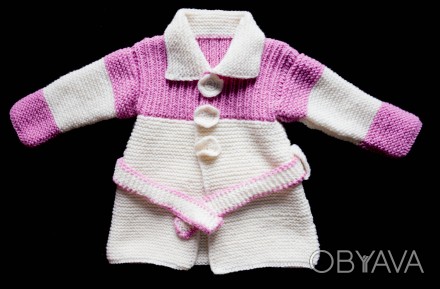 Продам вязаное полушерстяное пальтишко на девочку 1,5-2,5 лет. Пальто бело-розов. . фото 1