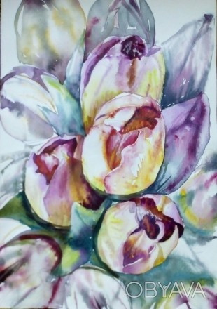 Картина акварелью ,,весенние тюльпаны". Выполнена акварелью на акварельной бумаг. . фото 1