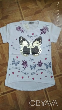 Красивая футболка для девочки Бабочка пайетки перевертыши. 
Материал - хлопок. . . фото 1