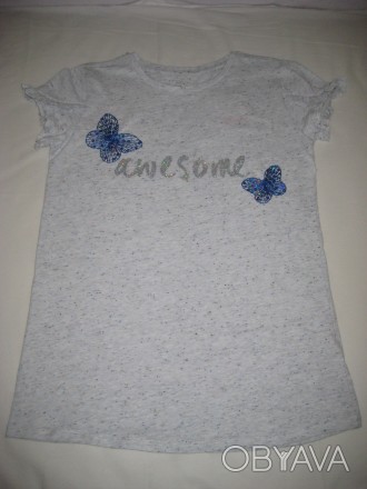 Новая футболка для девочки. Производство Германия. Слабо-серый цвет с синими точ. . фото 1