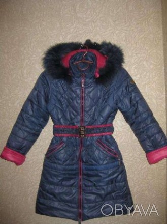 Пальто зимнее болоневое. Темно-синий цвет с розовыми вставками. Утеплено флисово. . фото 1