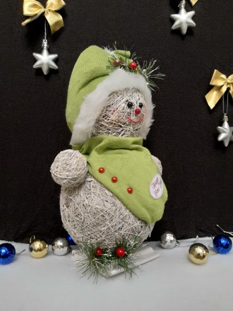 Декоративная новогодняя игрушка Снеговик соломенный в шапочке и шарфике Зеленый.. . фото 5