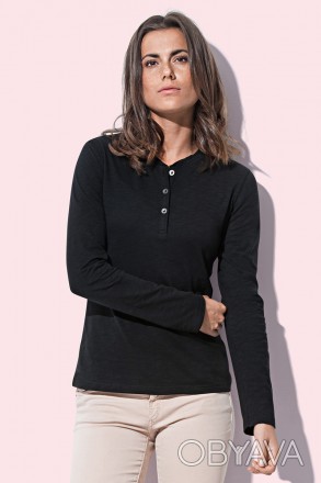 Жіноча футболка з вузькою планкою і довгим рукавом, з м`якої фасонної вузликової. . фото 1
