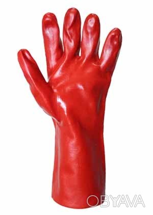 Хлопчатобумажные перчатки с полным покрытием ПВХ, цвет – красный. Длина – 35 см.. . фото 1