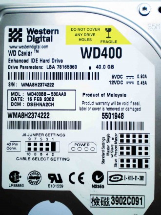 Продам жесткий диск. Western Digital WD400BB-00DGA0 40GB IDE 3.5.. . фото 2