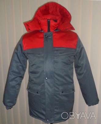 Зимняя рабочая куртка с красными вставками, верх - ткань грета, подкладочная тка. . фото 1
