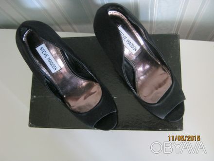 оригинальные вечерние тканевые черные туфли/босоножки STEVE MADDEN на высоком ка. . фото 1