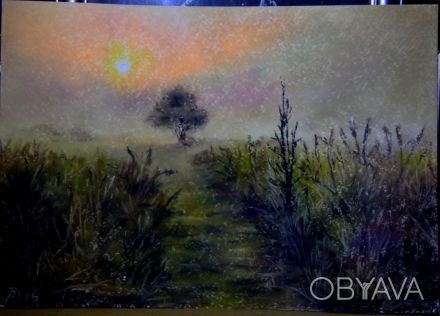 Картина от автора "Луг в тумане,утро"-пастель А4,рама со стеклом. . фото 1