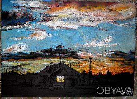 Картина от автора "Окраина села,вечер"-пастель А4,рама со стеклом. . фото 1