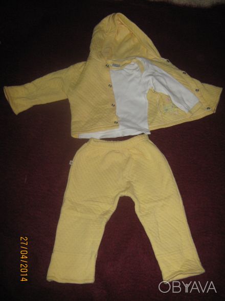 Желтый симпатичный теплый костюм - тройка (штанишки, кофточка с капюшоном с ушка. . фото 1