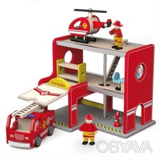 Деревянный игровой набор представляет собой двухэтажную пожарную станцию с откры. . фото 1