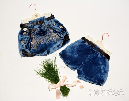 Шорты джинсовые для девочек с красивым коричневым узором а также синим узором и . . фото 1