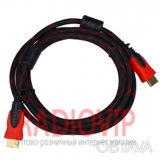 Шнур HDMI (шт.- шт.) Vers.-1,4, gold, фильтр+ сетка, 3м, чёрно-красный. . фото 1
