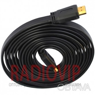 Шнур HDMI (шт.- шт.), плоский кабель, gold, чёрный, 3м.. . фото 1