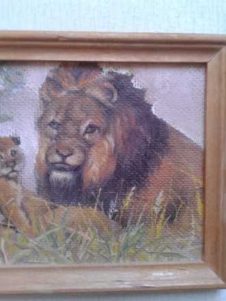 ПРОДАМ картину " Лев(львица) с львенком ".Написана маслом.Деревянная рамка.Разме. . фото 3