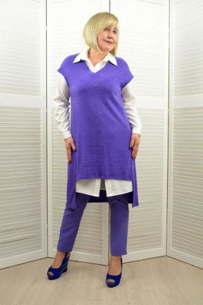Размеры: 42-64 Цвет: фиолетовые туника и брюки + молочная блуза.Ткань: трикотаж . . фото 2