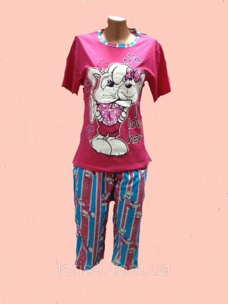 пижамы футболка с коротким рукавом и капри зайчата. производство Турции. ткань 1. . фото 3