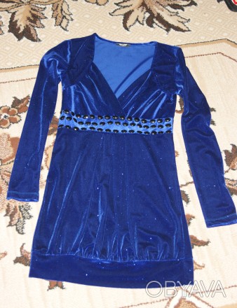 Красивое велюровое платье с блестинками, синее, красивое, размер 44-46, S-M, над. . фото 1