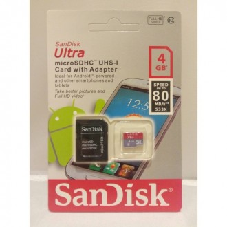 Карта памяти SanDisk Ultra microSD HC UHS-I 4GB Class 10 + SD adapter Снимайте и. . фото 2