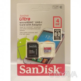 Карта памяти SanDisk Ultra microSD HC UHS-I 4GB Class 10 + SD adapter Снимайте и. . фото 1