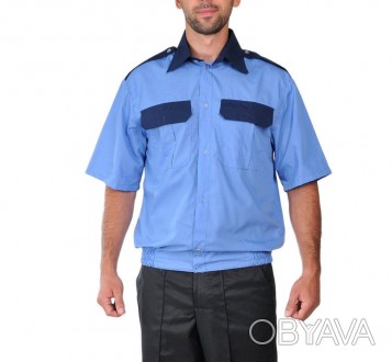 Комбинированная рубашка с короткий рукавом  голубого цвета  прямого силуэта на р. . фото 1