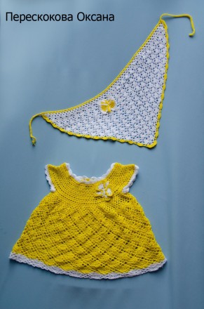 Сарафанчик и косыночка для малышки 0-6 месяцев. Декор-бабочка, связанная вручную. . фото 2