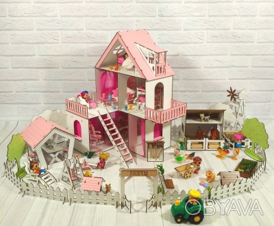 Домик для кукол Солнечная Дача с Фермой, Двориком, обоями, шторками, мебелью и т. . фото 1