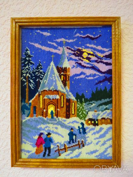 Картина "Рождественский вечер". Вышита крестиком. Размер 21 х 29 см. Под стеклом. . фото 1